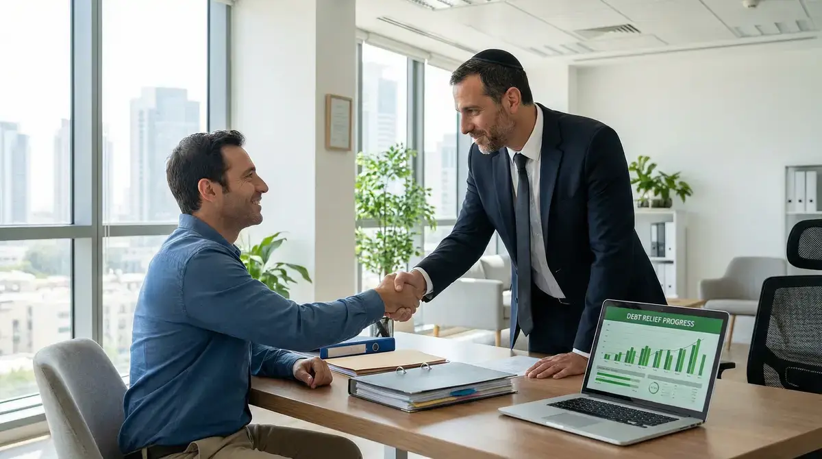 עורך דין מחיקת חובות בפגישת ייעוץ עם לקוח - משרד עופר מצליח