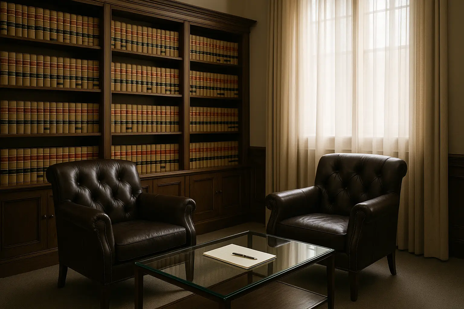 חדר ייעוץ משפטי בתל אביב — כיסאות עור וספריית ספרי משפט לייעוץ הוצאה לפועל